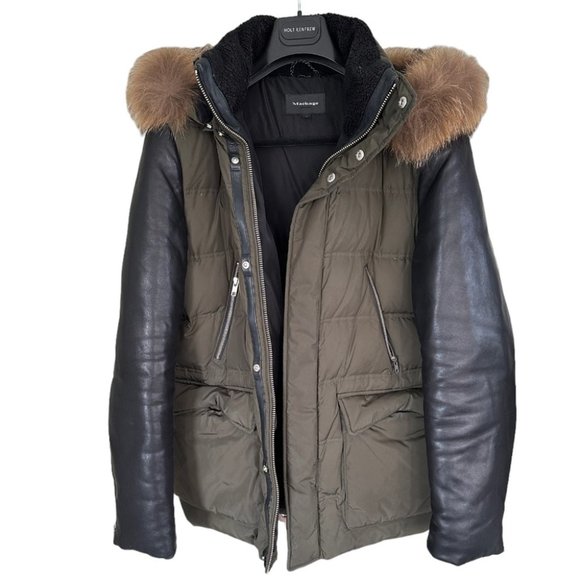 Mackage Gavin Army Green Down Coat with Leather Sleeves and Fur Hood - Picture 4 of 13